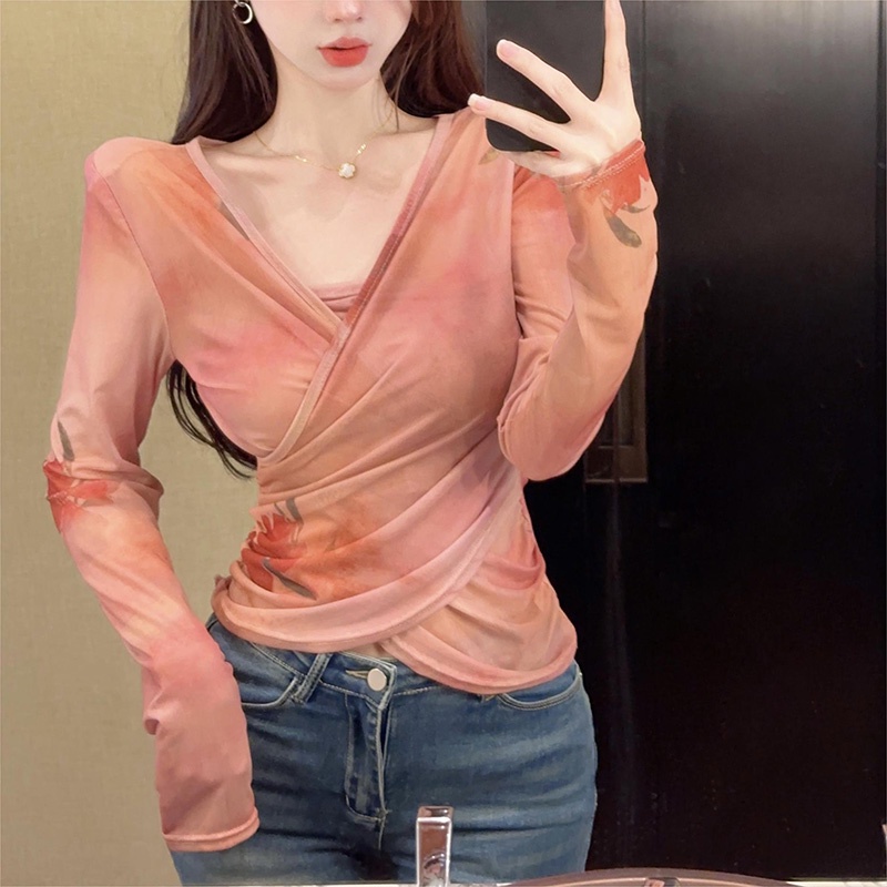 Áo Thun Lưới Tay Dài Ôm Eo Nhuộm Màu Thời Trang Dành Cho Nữ