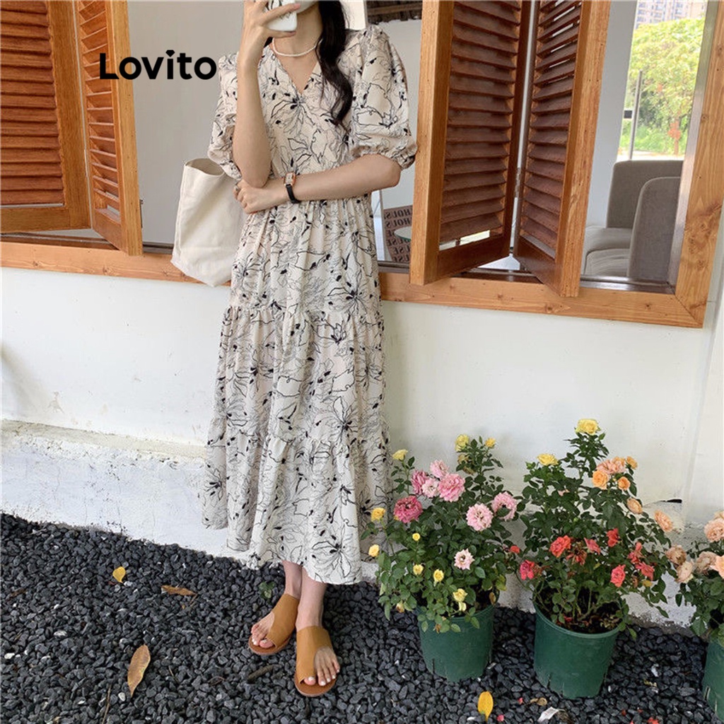 Đầm LOVITO tay ngắn hai lớp họa tiết hoa phong cách thường ngày cho nữ LNE09235