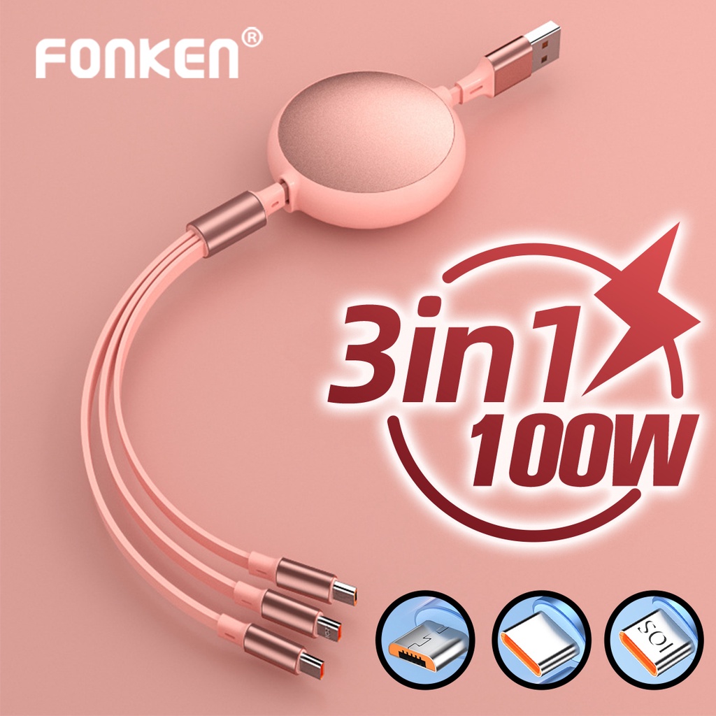 Dây sạc 3 trong 1 FONKEN 100W Cáp đa năng 3 đầu dây rút dùng cho các dòng điện thoại