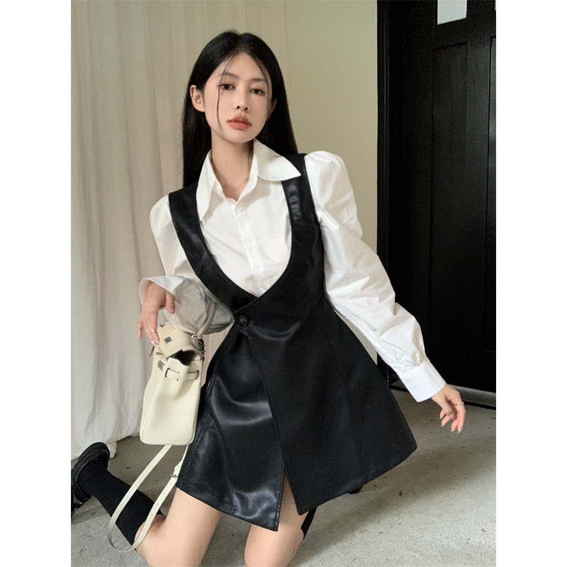 Lisynnn set Áo Sơ Mi Tay Dài Phồng Phối Chân Váy Da pu Thời Trang Cao Cấp