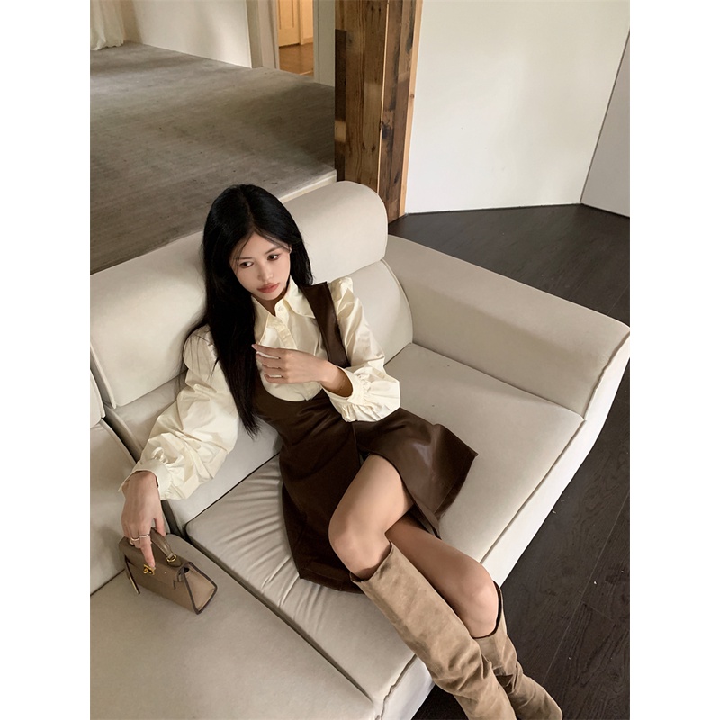 Lisynnn set Áo Sơ Mi Tay Dài Phồng Phối Chân Váy Da pu Thời Trang Cao Cấp