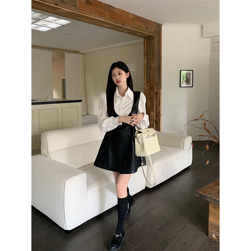 Lisynnn set Áo Sơ Mi Tay Dài Phồng Phối Chân Váy Da pu Thời Trang Cao Cấp