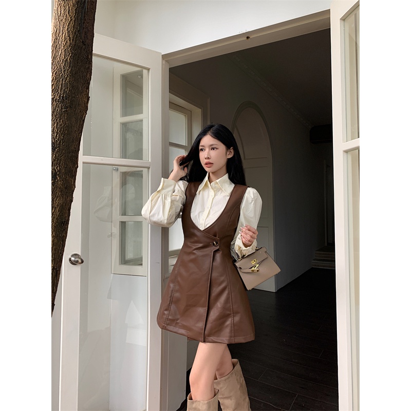 Lisynnn set Áo Sơ Mi Tay Dài Phồng Phối Chân Váy Da pu Thời Trang Cao Cấp