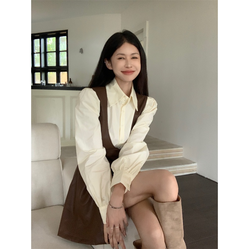 Lisynnn set Áo Sơ Mi Tay Dài Phồng Phối Chân Váy Da pu Thời Trang Cao Cấp