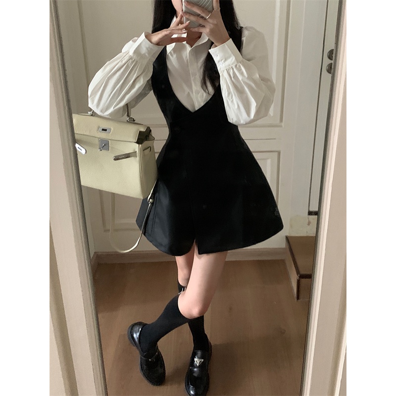 Lisynnn set Áo Sơ Mi Tay Dài Phồng Phối Chân Váy Da pu Thời Trang Cao Cấp