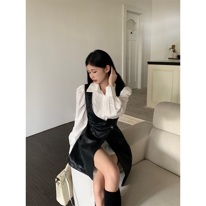 Lisynnn set Áo Sơ Mi Tay Dài Phồng Phối Chân Váy Da pu Thời Trang Cao Cấp