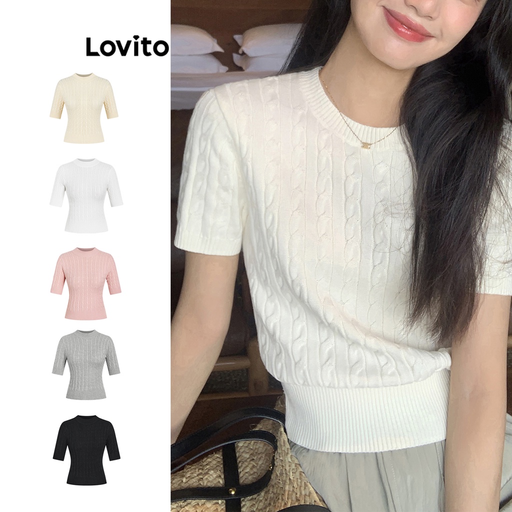 Lovito Áo dệt kim ngắn tay trơn cơ bản giản dị cho nữ L61AD146 (Mơ/Xám/Trắng/Hồng/Đen)