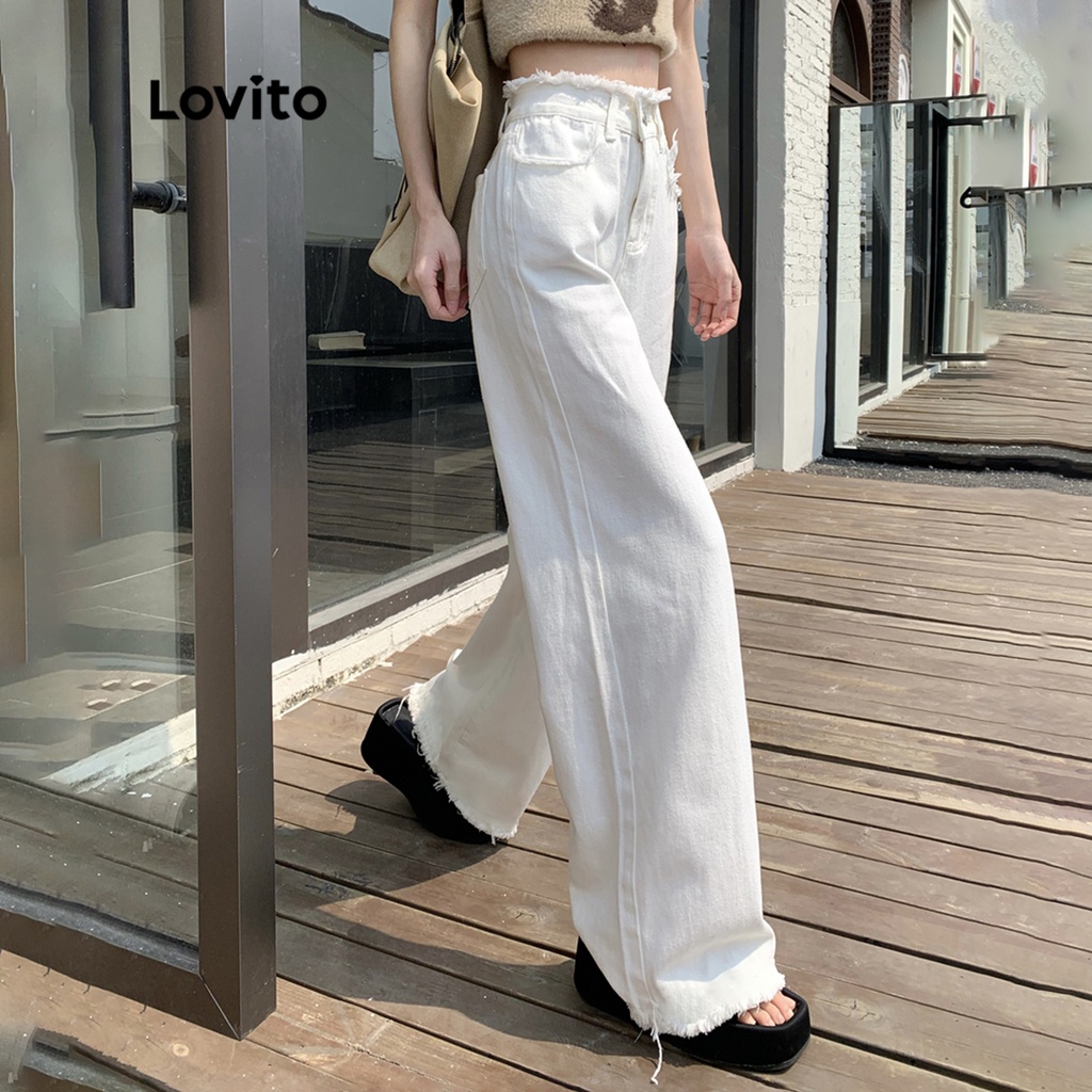 Quần jean Lovito viền thô có túi phối nút thời trang thường ngày cho nữ LNE13105