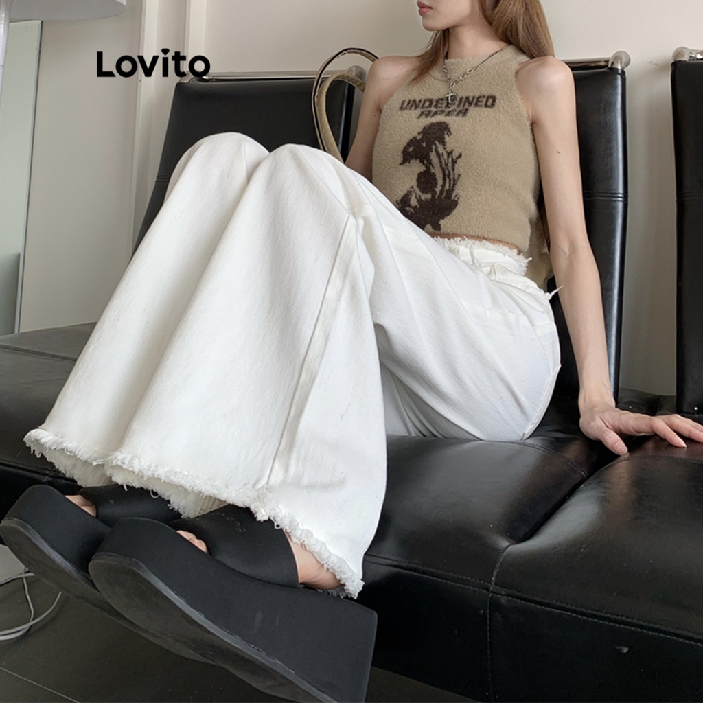 Quần jean Lovito viền thô có túi phối nút thời trang thường ngày cho nữ LNE13105