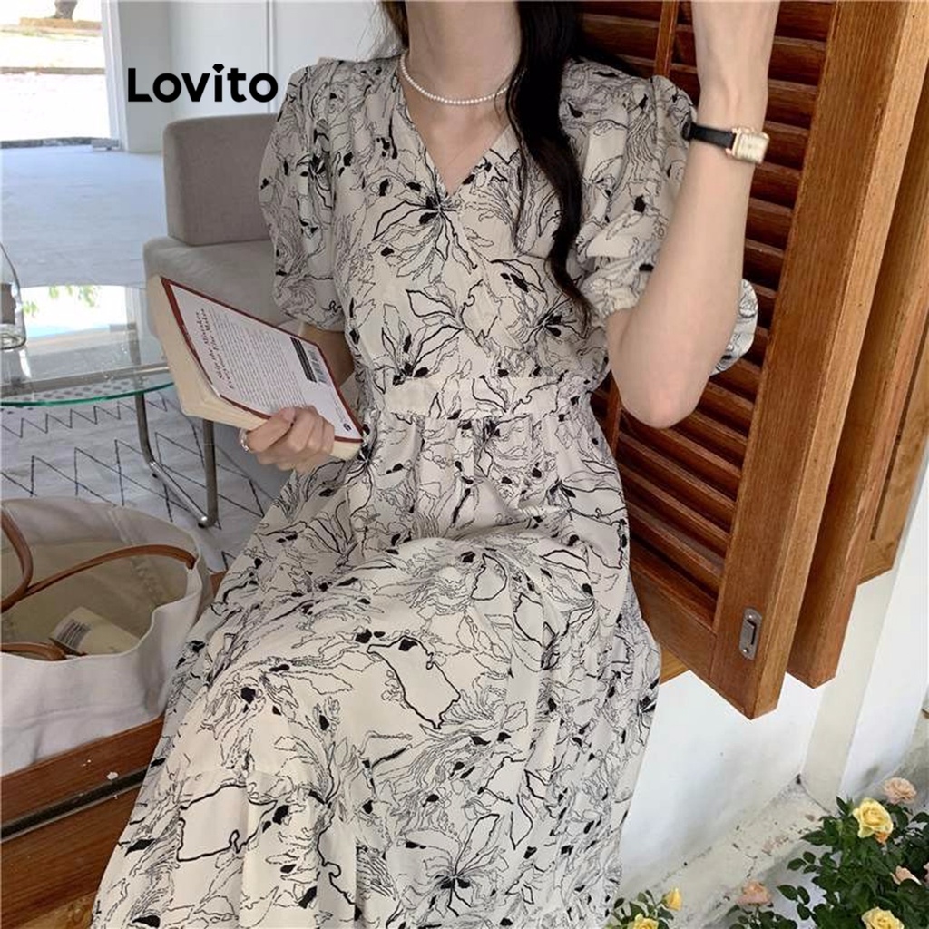 Đầm LOVITO tay ngắn hai lớp họa tiết hoa phong cách thường ngày cho nữ LNE09235