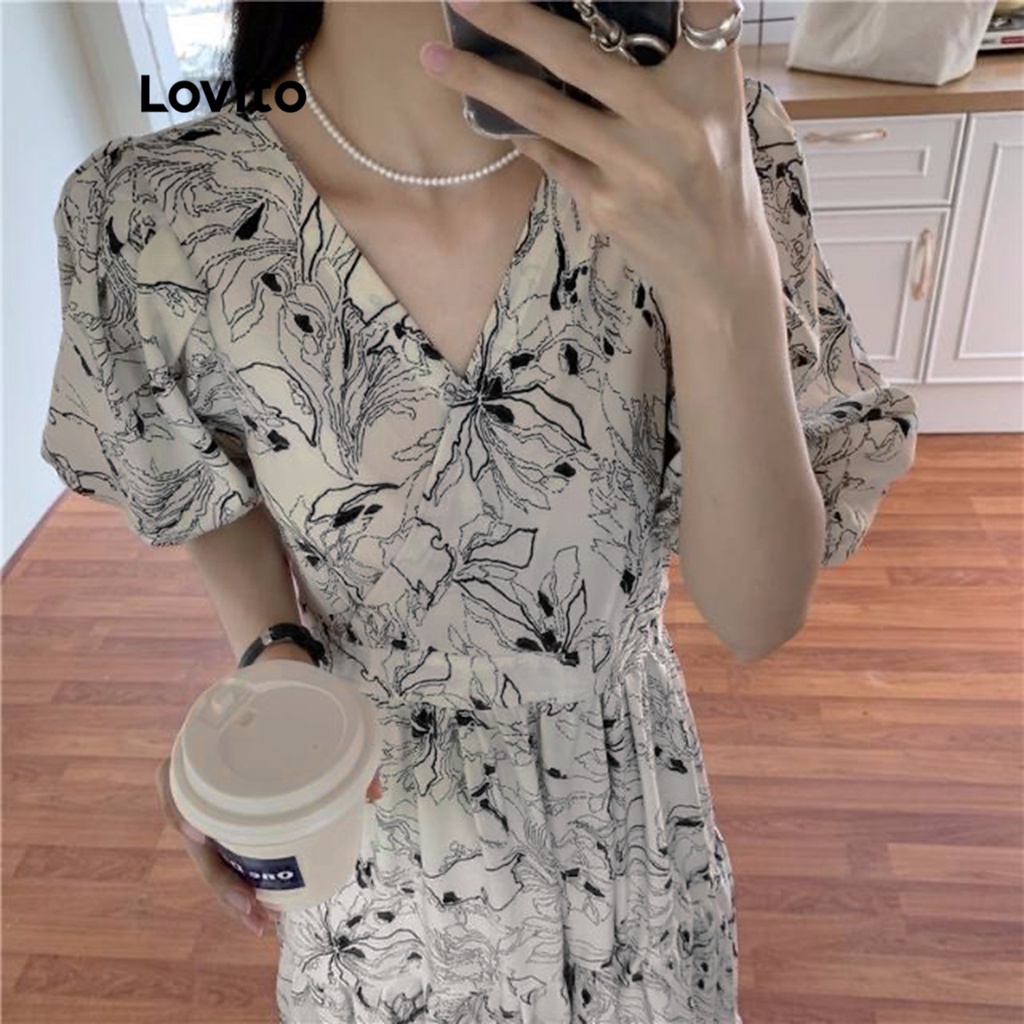 Đầm LOVITO tay ngắn hai lớp họa tiết hoa phong cách thường ngày cho nữ LNE09235