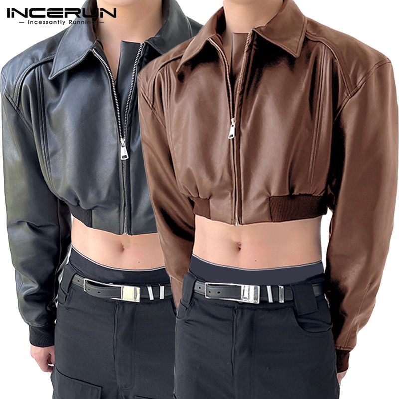 Incerun Áo Khoác Da Ngắn Vai Phối Khóa Kéo Cá Tính Cho Nam