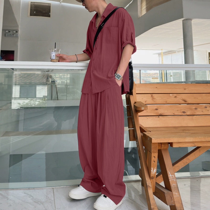 INCERUN Set Áo Sơ Mi Ngắn Tay Màu Trơn Và Quần Dài Xẻ Tà Thời Trang Nam Tính