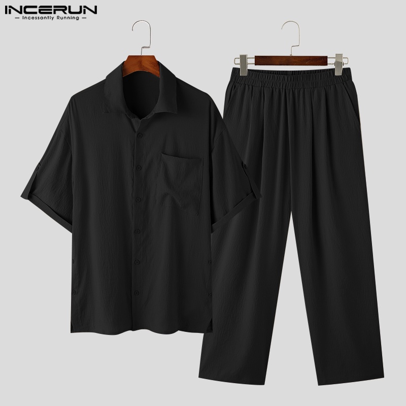 INCERUN Set Áo Sơ Mi Ngắn Tay Màu Trơn Và Quần Dài Xẻ Tà Thời Trang Nam Tính