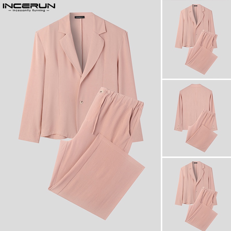 INCERUN Set Áo Dài Tay Màu Sắc Đơn Giản Kèm Quần Dài Thời Trang Cho Nam