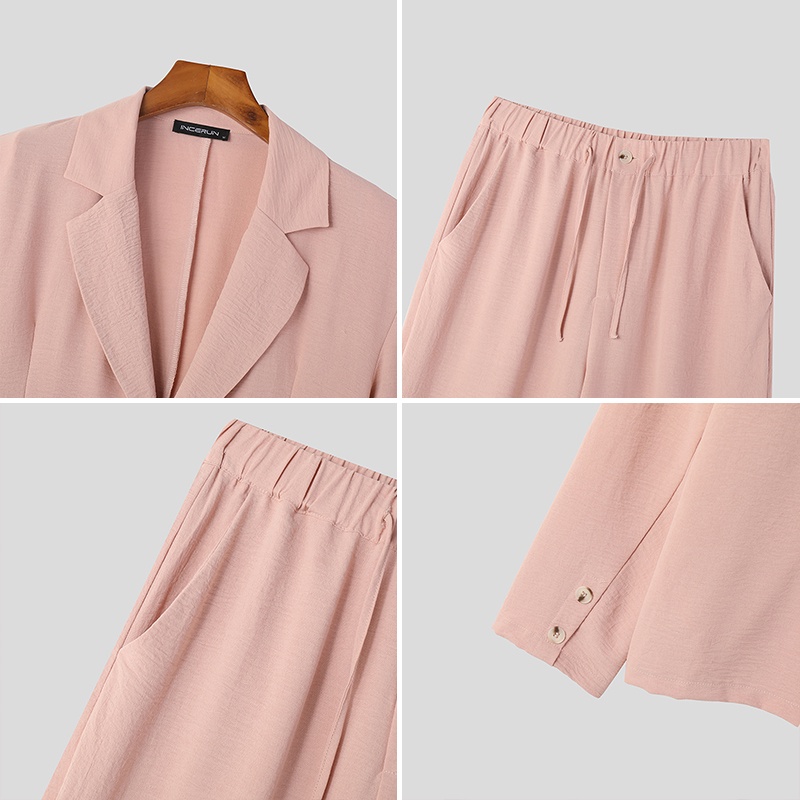 INCERUN Set Áo Dài Tay Màu Sắc Đơn Giản Kèm Quần Dài Thời Trang Cho Nam