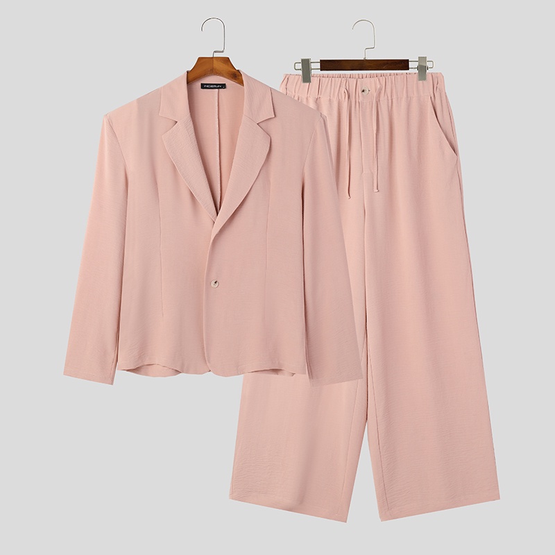 INCERUN Set Áo Dài Tay Màu Sắc Đơn Giản Kèm Quần Dài Thời Trang Cho Nam