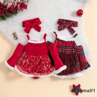 Topmall set áo liền quần giáng sinh kèm băng đô hoa tuyết / sọc caro cho bé gái