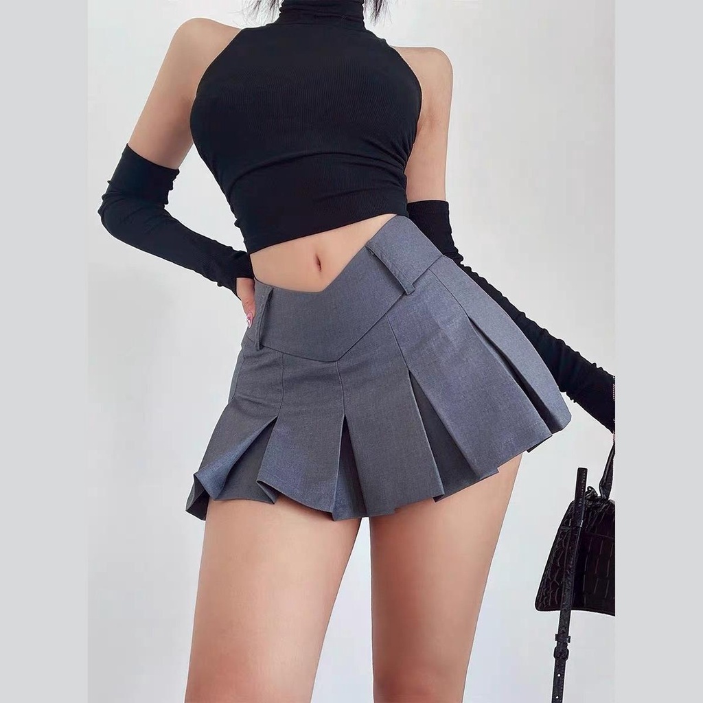 Chân váy cạp trễ xếp ly to DaaLaa Store dáng xòe phong cách cá tính C072