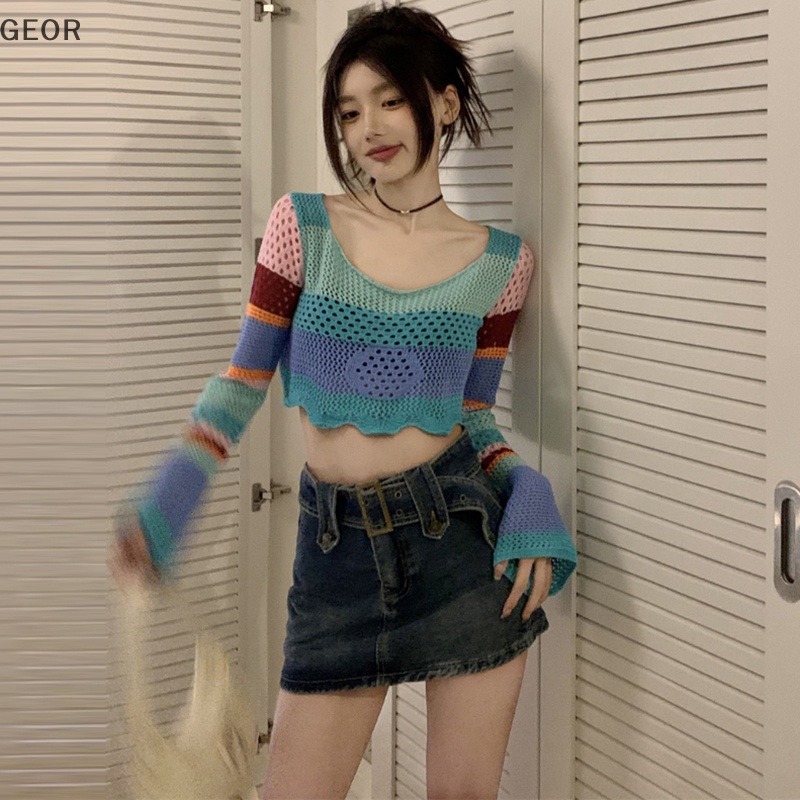 Áo Croptop Dệt Kim Tay Dài Kẻ Sọc Màu Tương Phản Kiểu retro Thời Trang Mùa Hè Cho Nữ