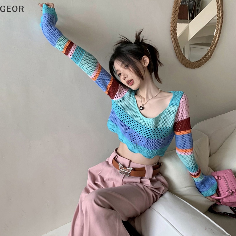 Áo Croptop Dệt Kim Tay Dài Kẻ Sọc Màu Tương Phản Kiểu retro Thời Trang Mùa Hè Cho Nữ
