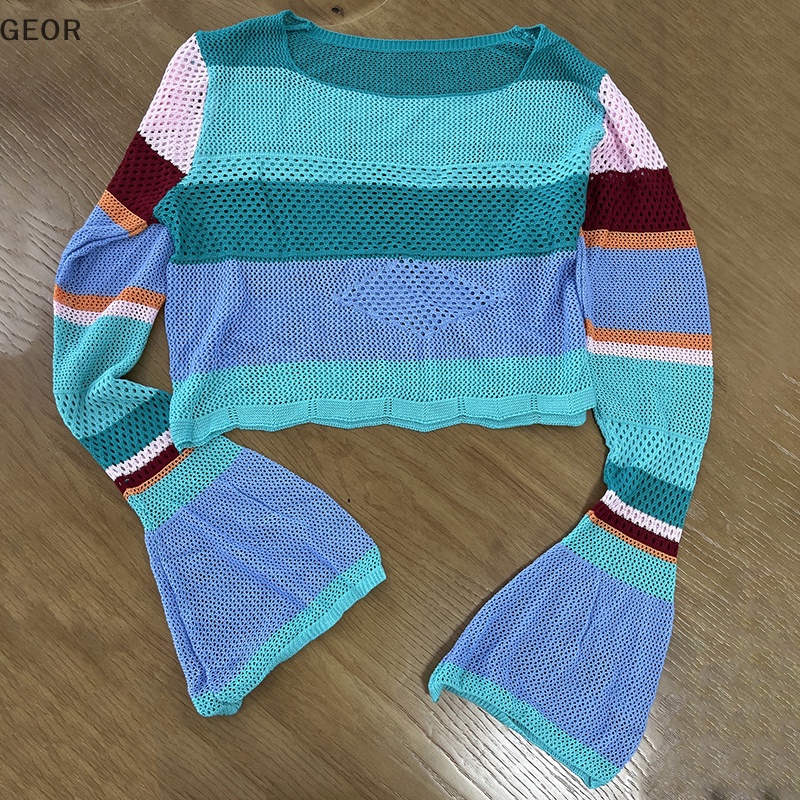 Áo Croptop Dệt Kim Tay Dài Kẻ Sọc Màu Tương Phản Kiểu retro Thời Trang Mùa Hè Cho Nữ