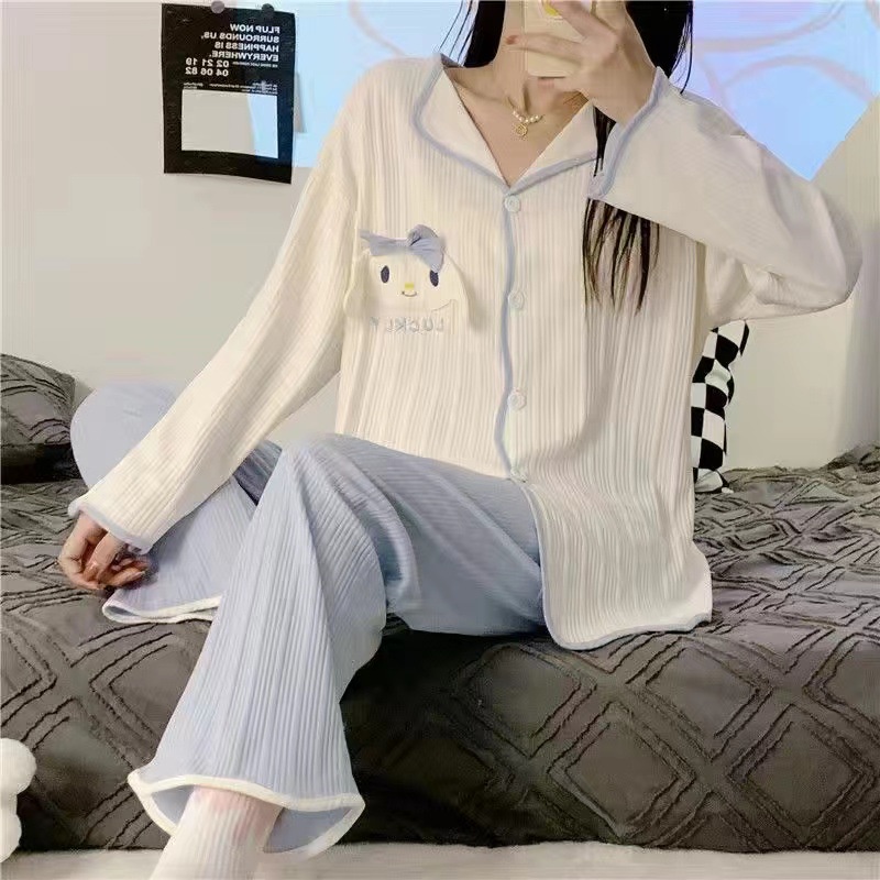 Bộ Đồ Ngủ Tay Dài Chất cotton Màu Trơn Phong Cách Mới Thời Trang Thu Đông Cho Nữ