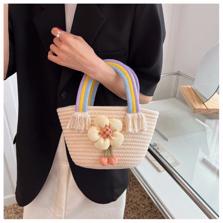 Túi Xách Đan Cói Phối Dây Thừng cotton Hình Hoa Hướng Dương Dễ Thương