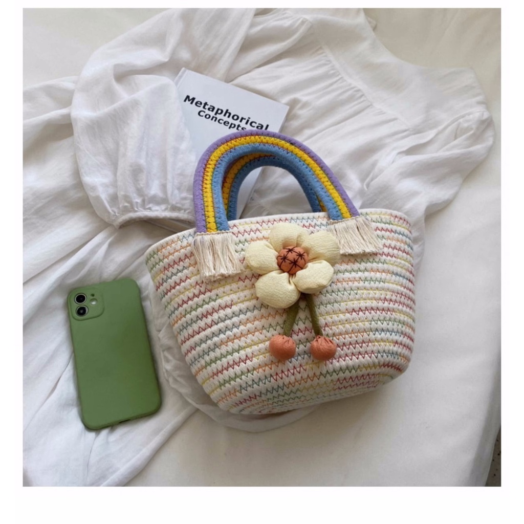 Túi Xách Đan Cói Phối Dây Thừng cotton Hình Hoa Hướng Dương Dễ Thương