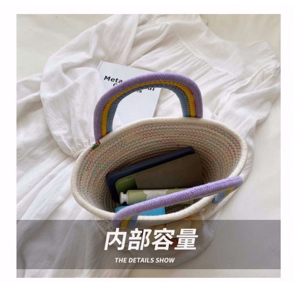 Túi Xách Đan Cói Phối Dây Thừng cotton Hình Hoa Hướng Dương Dễ Thương