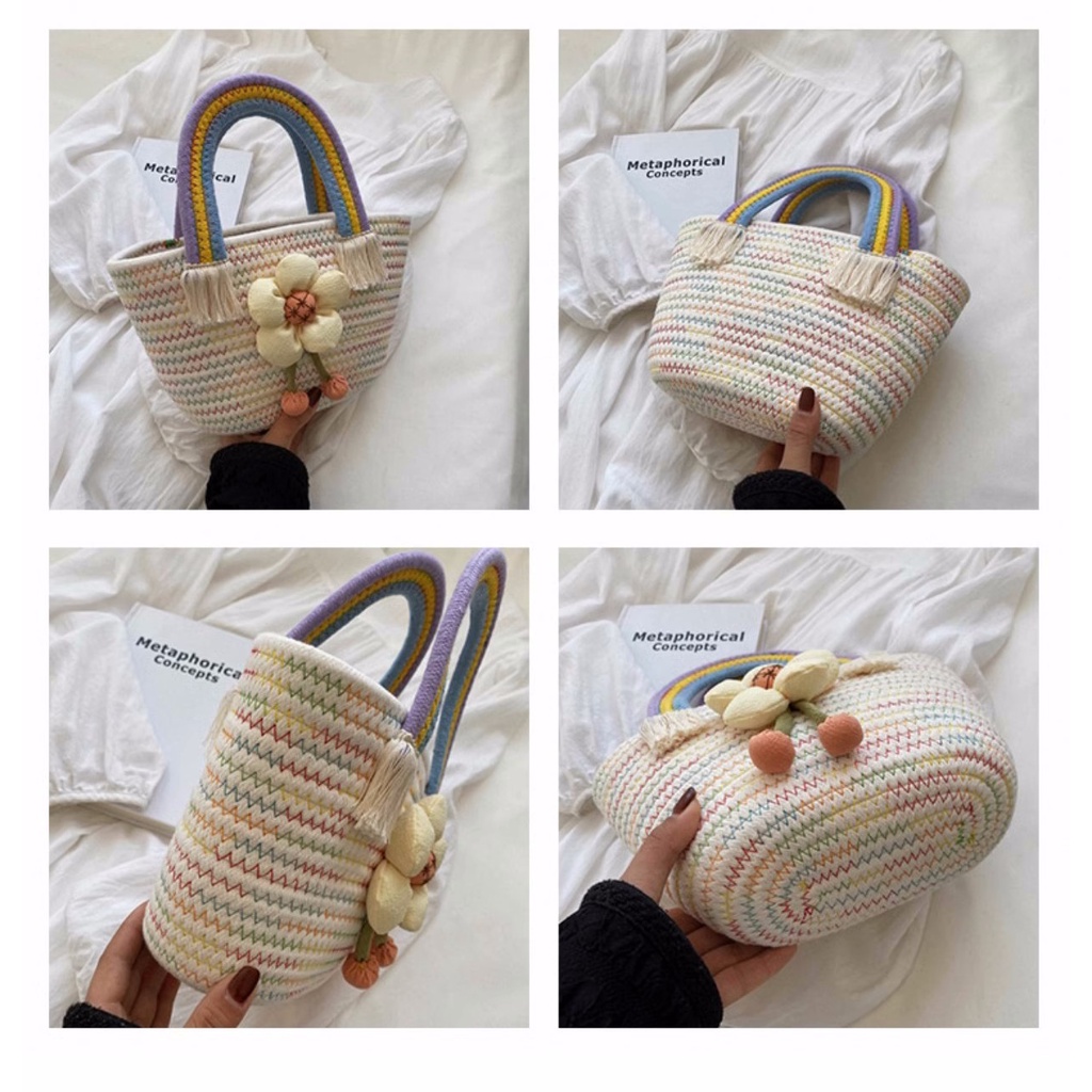 Túi Xách Đan Cói Phối Dây Thừng cotton Hình Hoa Hướng Dương Dễ Thương