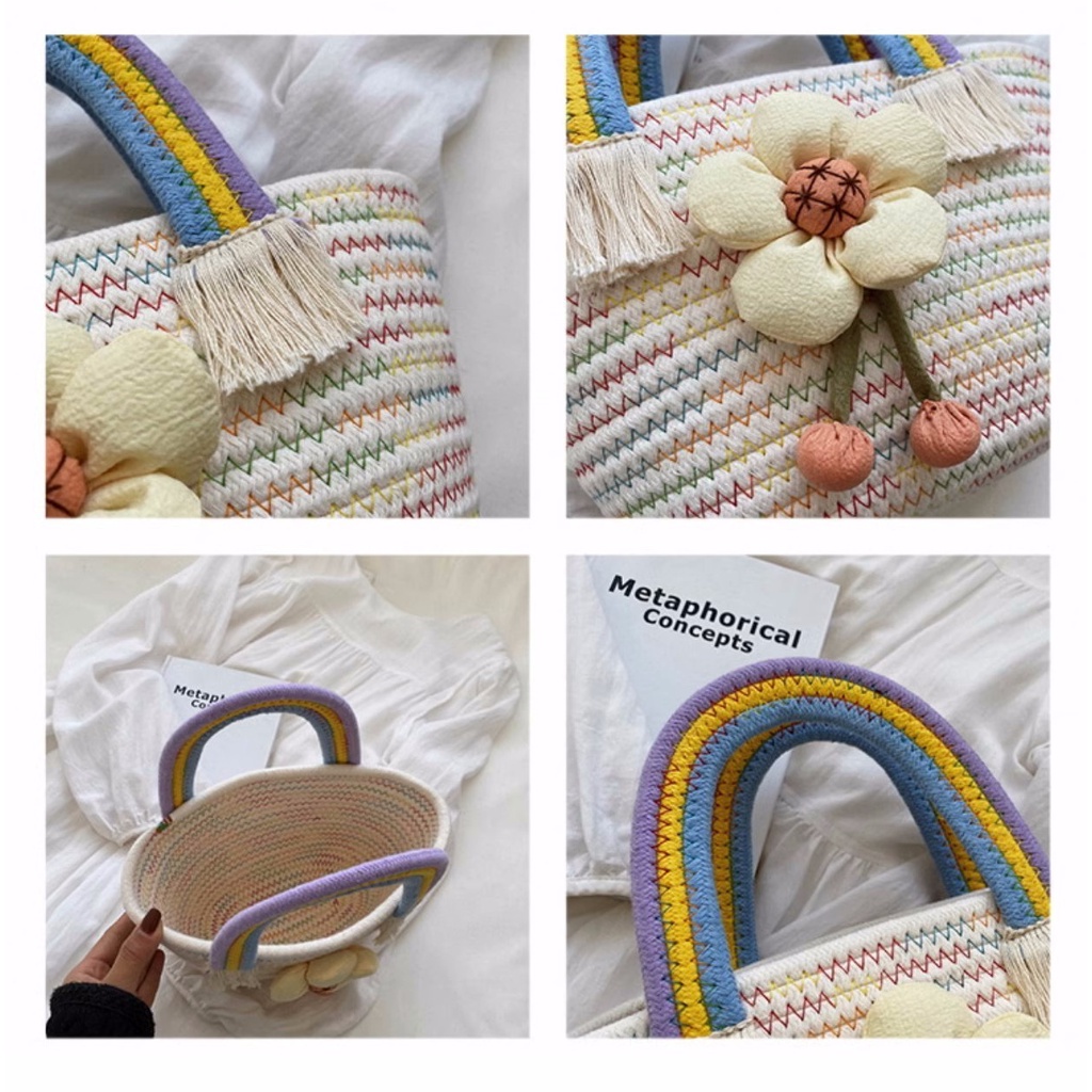 Túi Xách Đan Cói Phối Dây Thừng cotton Hình Hoa Hướng Dương Dễ Thương