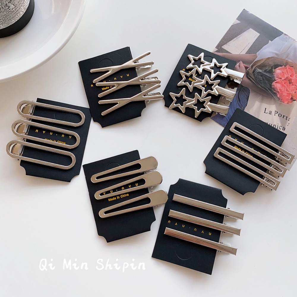 Kẹp Tóc Thẳng / Cong Bằng Kim Loại Màu Bạc Họa Tiết Ngôi Sao Rỗng Hai Bên Cho Nữ