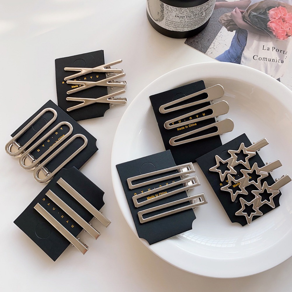 Kẹp Tóc Thẳng / Cong Bằng Kim Loại Màu Bạc Họa Tiết Ngôi Sao Rỗng Hai Bên Cho Nữ