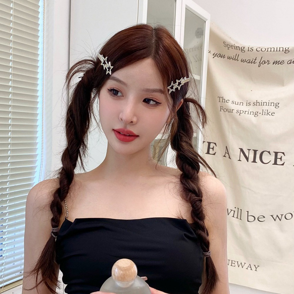 Kẹp Tóc Thẳng / Cong Bằng Kim Loại Màu Bạc Họa Tiết Ngôi Sao Rỗng Hai Bên Cho Nữ