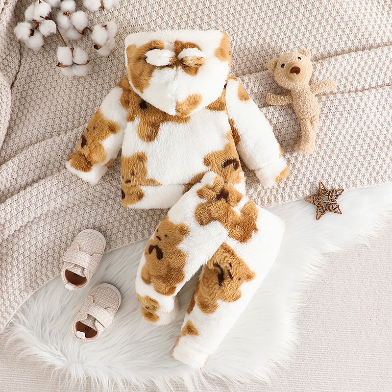 Combo bộ đồ bé trai gái 1-18tháng Áo hoodie In Hình Gấu Hoạt Hình Kèm Tay Dài áo phông quần dài Mùa Đông set thời trang cho bé trẻ em sơ sinh
