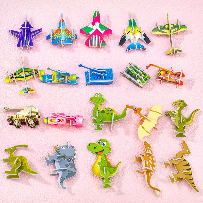 Set 10 Mô Hình Đồ Chơi Máy Bay / Xe Hơi / Khủng Long Hoạt Hình 3d Bằng Giấy Cứng Dành Cho Trẻ Em