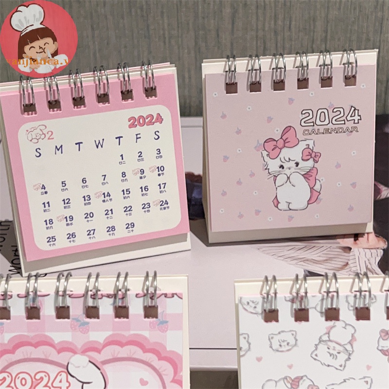 Lịch Để Bàn mini Năm 2024 Dạng Gập Để Bàn Màu Hồng In Hình Mèo Dễ Thương vn