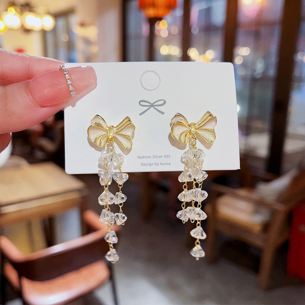 Bông Tai Mạ Bạc 925 Hình Nơ Tua Rua Phong Cách Mới Thanh Lịch Cho Nữ