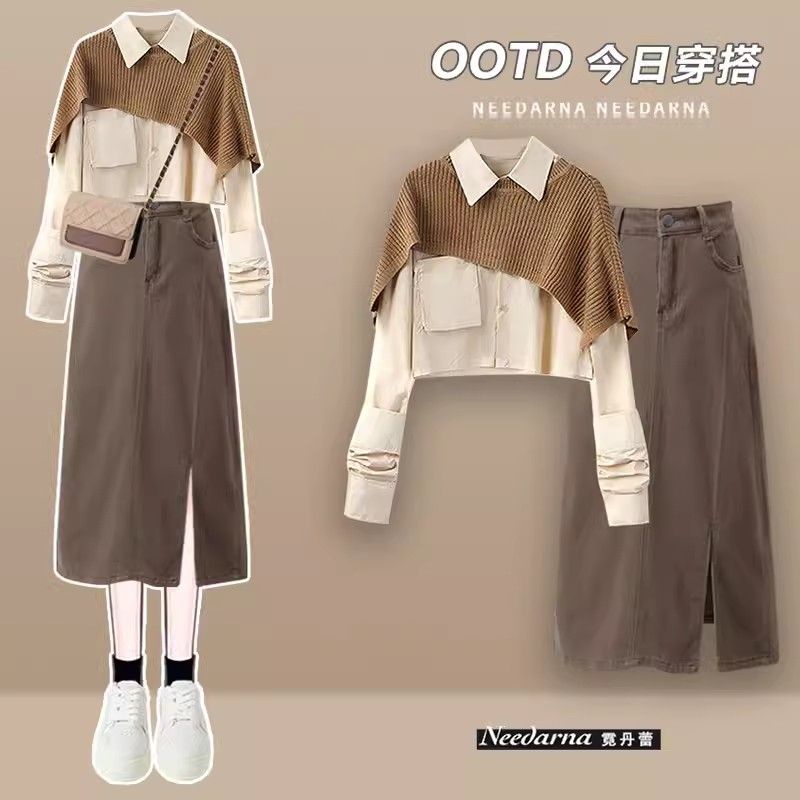 Bộ Áo Sơ Mi Dệt Kim + Chân Váy Xẻ Tà Đơn Giản Phong Cách Mới 2023#0830#