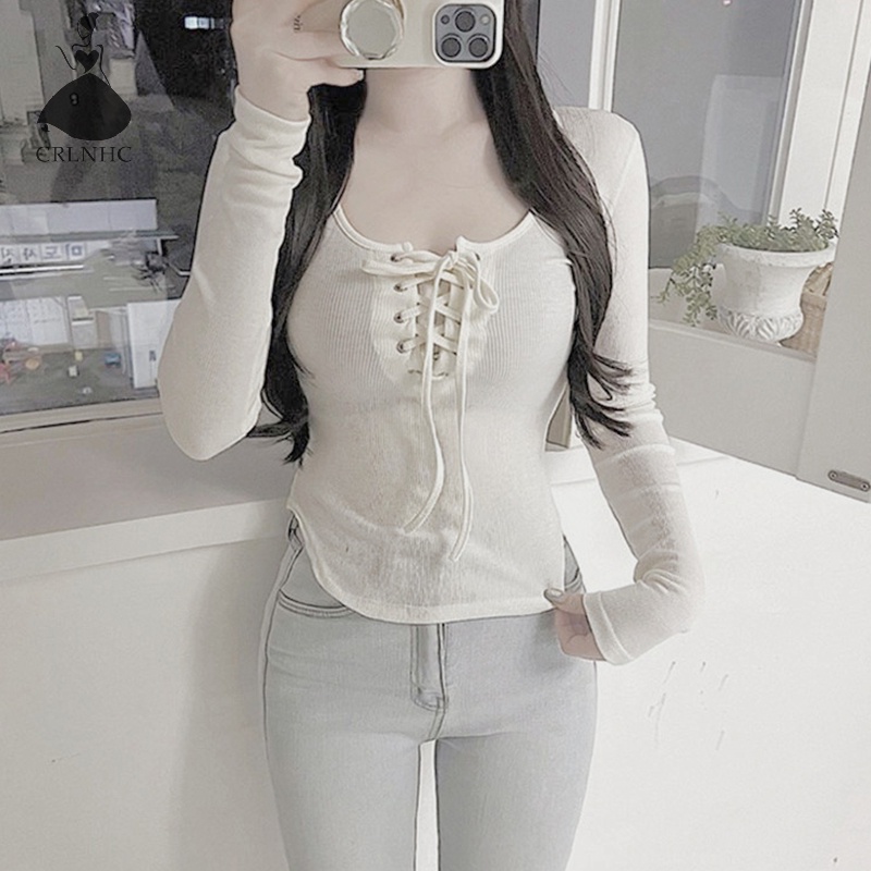 Crlnhc Áo Thun Tay Dài Cổ Tròn Màu Trơn Ôm Dáng Thời Trang Mùa Thu Quyến Rũ Cho Nữ vn