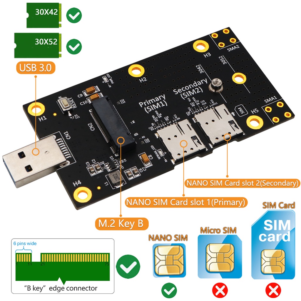Card Mở Rộng Chuyển Đổi Từ m.2 Sang usb 3.0 Kèm Khe Cắm Thẻ sim Cho Mô Đun wifi 3g / 4g / 5g m2 key b 3042 / 3052
