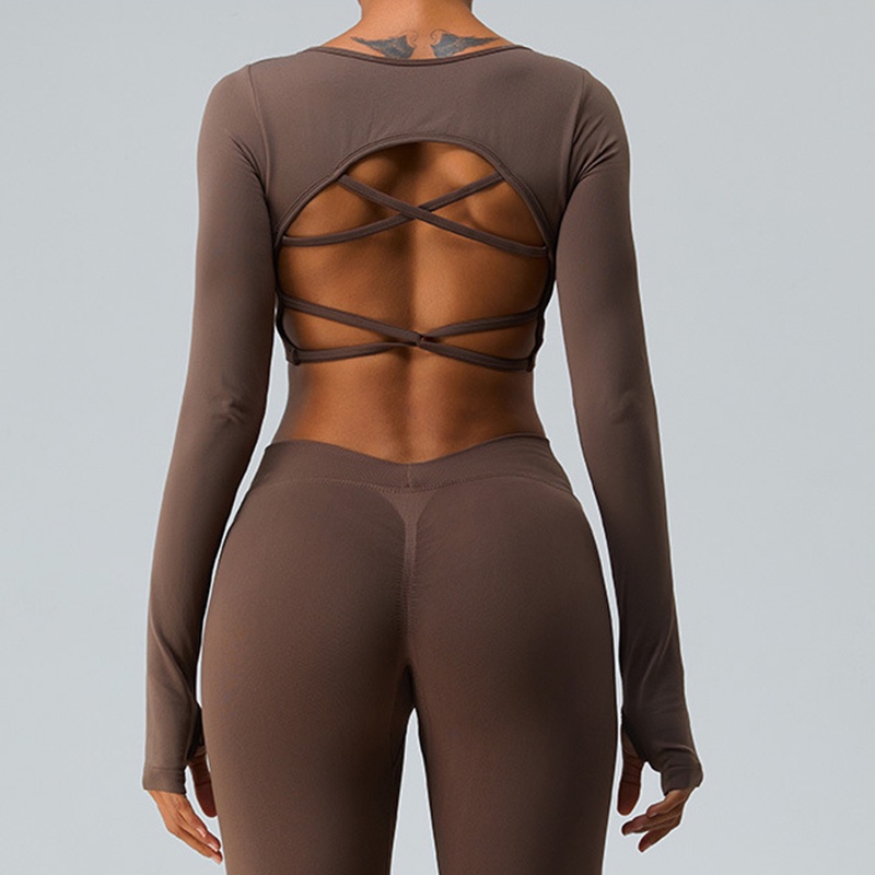 Bộ Đồ Tập yoga Thể Thao Dài Tay Không Đường May Dây Đan Chéo Lưng Gợi Cảm Cho Nữ