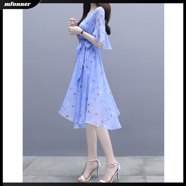 Đầm Dài Cổ Chữ v Tay Loe In Họa Tiết Ngôi Sao Thanh Lịch Thời Trang Mùa Hè Cho Nữ