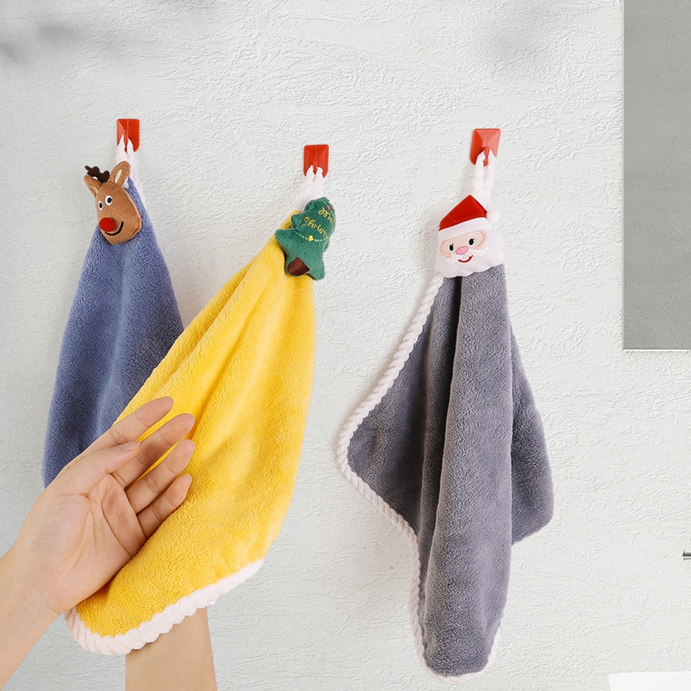 Khăn Lau Tay / Khăn Lau Chén Dĩa Bằng Vải Lông Cừu San Hô Dày Dặn Thấm Hút Nước Treo Được Hình Hoạt Hình Giáng Sinh / Khăn Lau Tay Mềm Mại Cho Trẻ Em