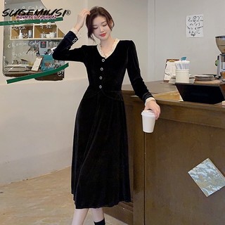 Đầm SUGEMIUSI nhung đen tay dài chiết eo hẹp phong cách Pháp thời trang thu đông cho nữ
