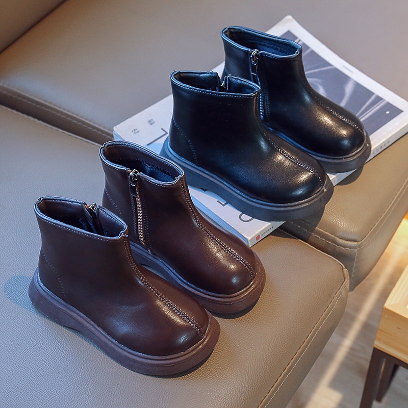 Giày Bốt Cổ Thấp Đế Bằng Chống Trượt Có Khóa Kéo Màu Nâu / Đen Thời Trang Mới Năm 2023 Dành Cho Bé Trai Bé Gái