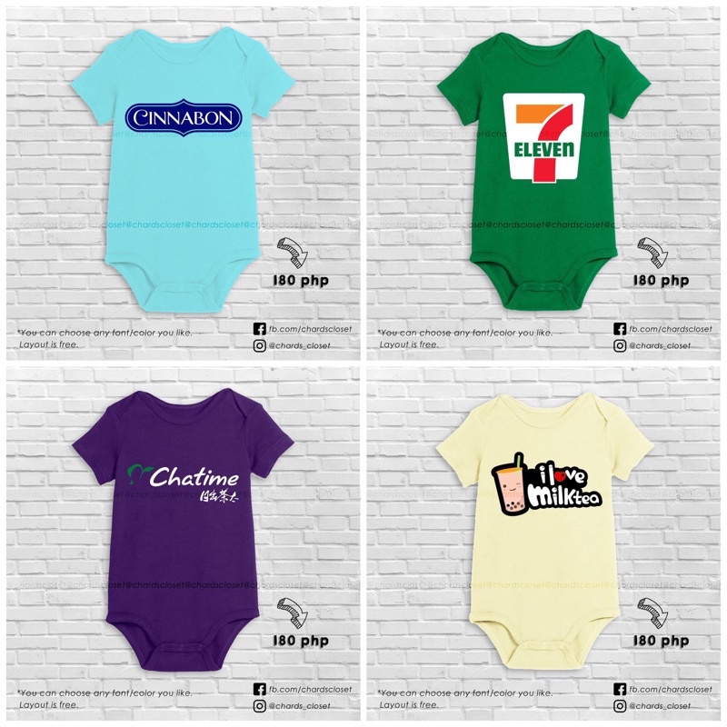 In Logo thực phẩm tùy chỉnh trên Baby Onesie (Cinnabon, 7eleven / 711, Chatime, ilovemilktea)