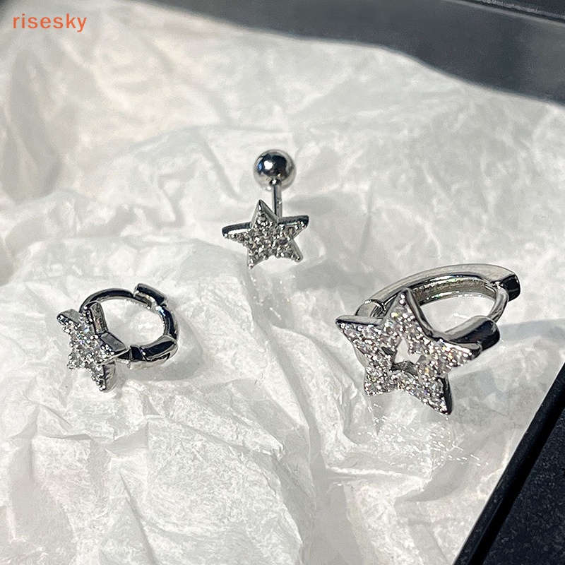 Set 3 Bông Tai Đính Đá zircon Hình Ngôi Sao Năm Cánh Phong Cách punk Cho Nữ
