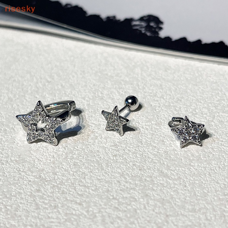 Set 3 Bông Tai Đính Đá zircon Hình Ngôi Sao Năm Cánh Phong Cách punk Cho Nữ
